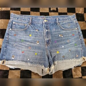 American Eagle '90s Boyfriend Short Blue Denim Embroidered Size 18 Rainbow